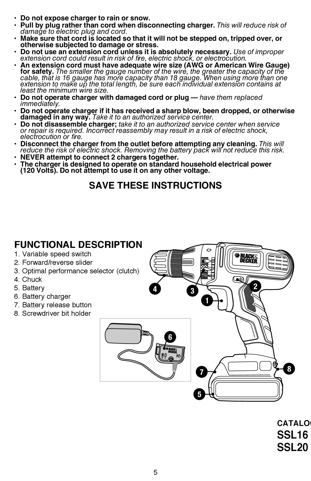 Black & Decker SSL16 (16V MAX*), SSL20SBR instruction manual SSL16 SSL20, Functional Description 